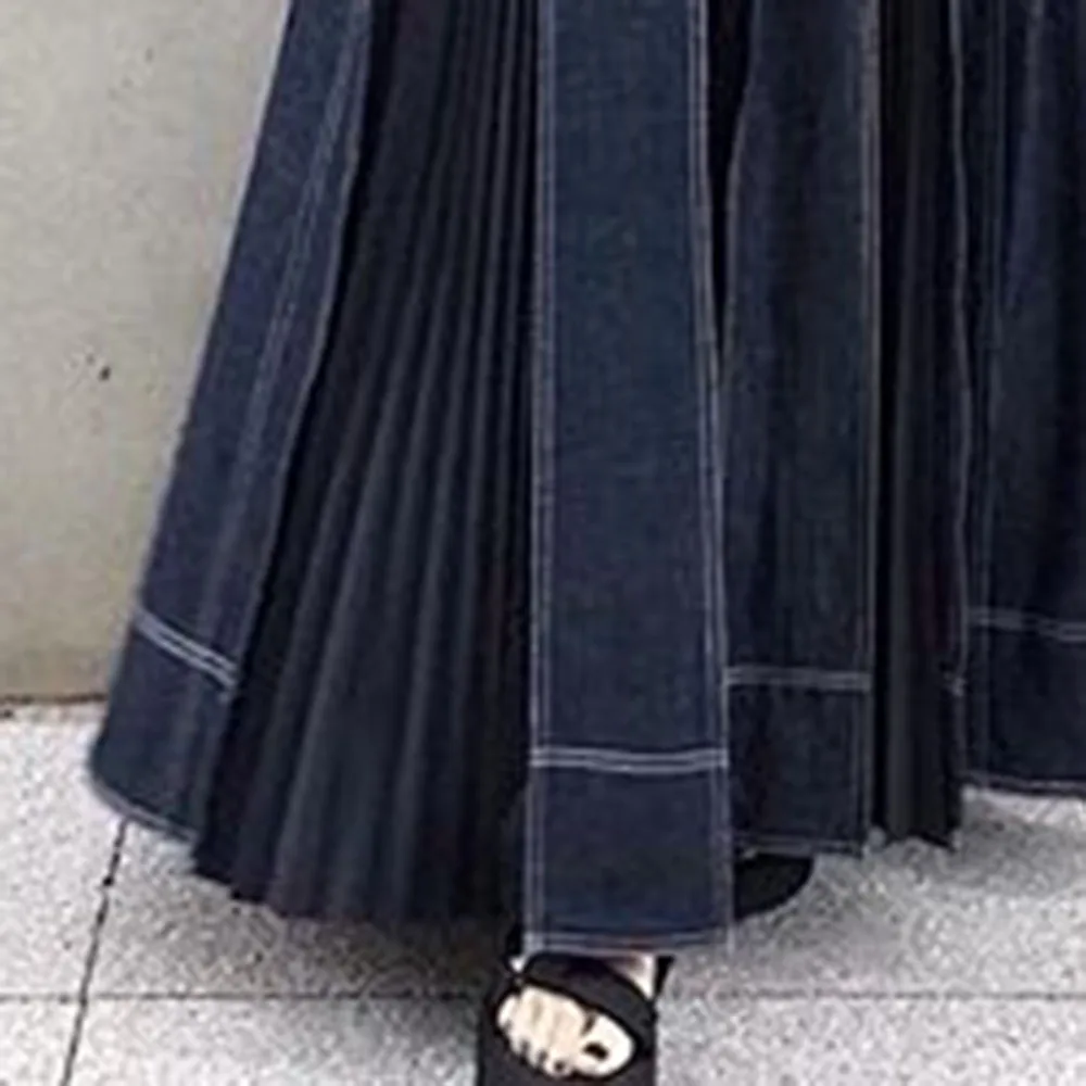 Denim Dress Women Autumn Korean Fashion Causal Halter Blue Jeans Long Midi Pleated Dresses Brown Robe Sundress vestidos