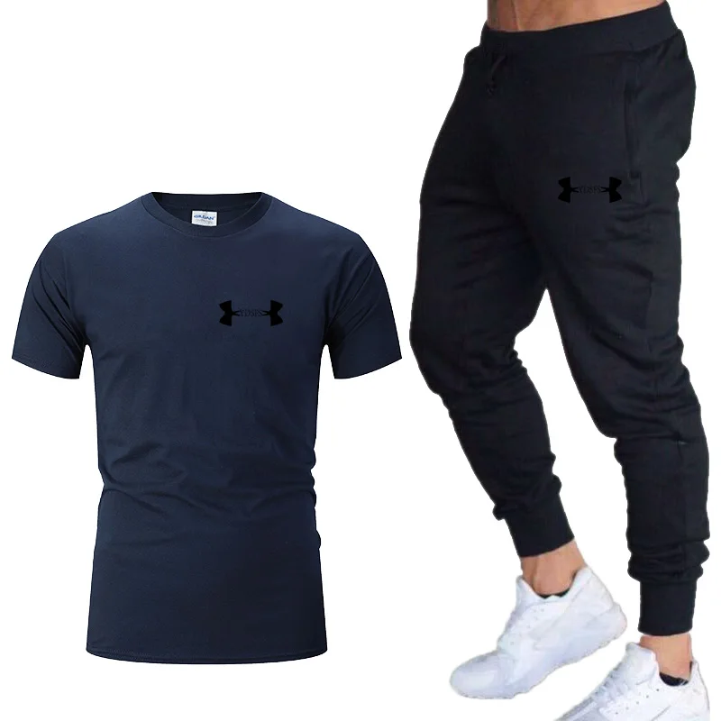 Хлопковые новые мужские комплекты для бега быстросохнущая дышащая футболка+ свободные Стрейчевые тренировочные штаны для спортзала, бега, фитнеса, тренировок, спортивный костюм для мужчин - Цвет: picture color