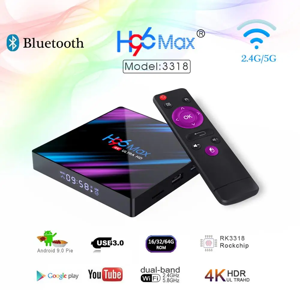  H96 MAX Android 9.0 Smart TV Box RK3318 4GB+64GB Wireless IPTV Box 4K USB Set Top Box WiFi 5G For N