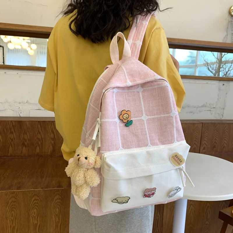 

Schoolbag girl new 2020 cute college backpack retro girl plaid pattern canvas fashion backpack lady bag Patchwork bookbag