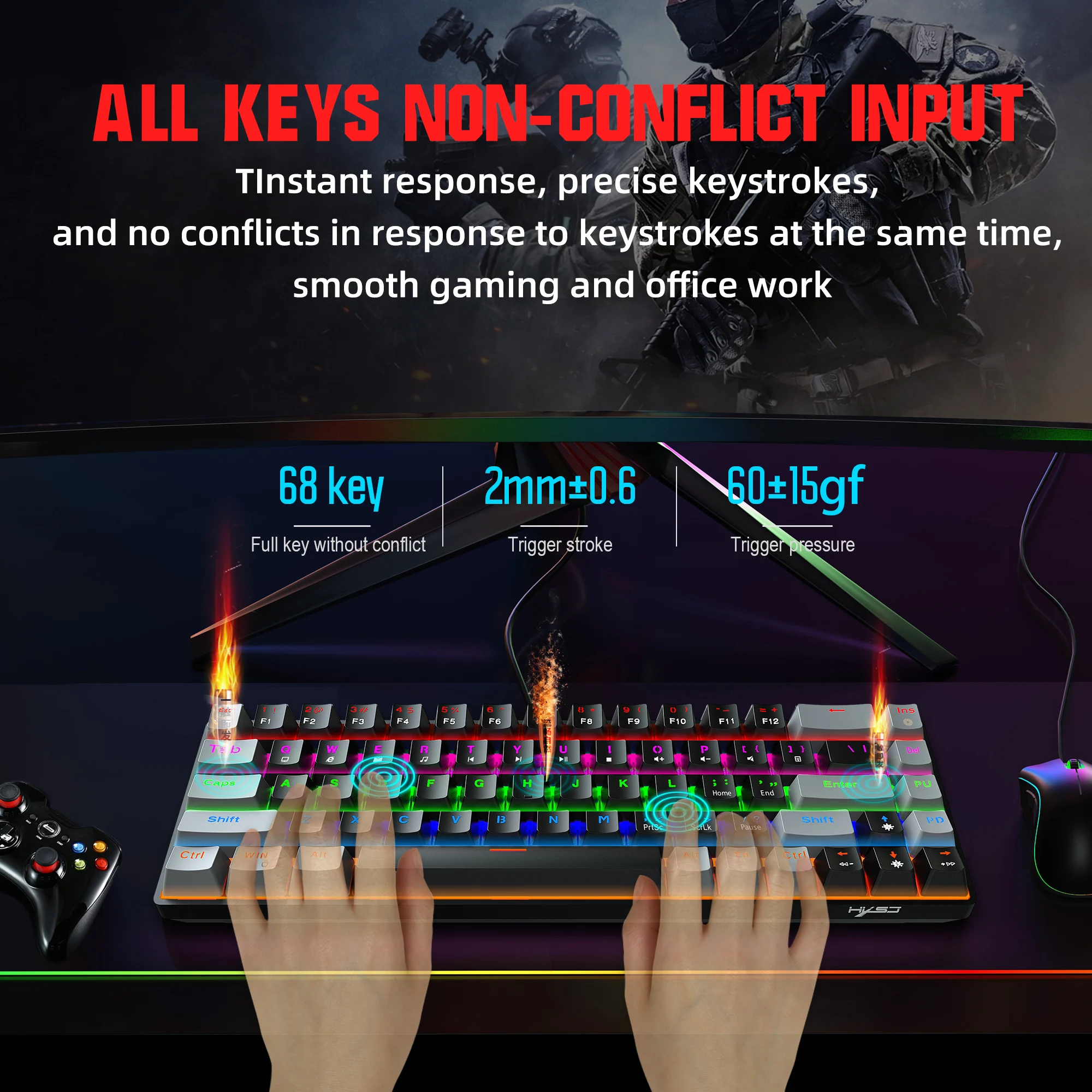 68 Key Mechanical Keyboard Gaming USB Wired LED Backlit Axis Gaming Mechanical Keyboard Optical Switches For Desktop
