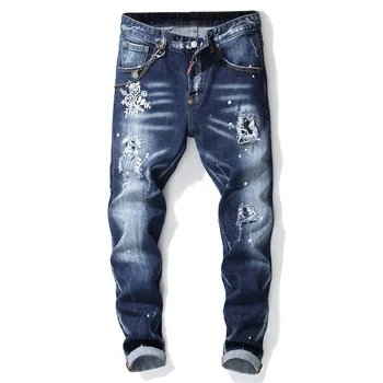 

dsq European American Style brand jeans Men slim jeans pants brand men Pencil Pants Straight blue hole jeans for men 1001