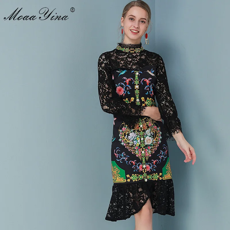 MoaaYina, модное дизайнерское платье, весна-лето, женское платье, кружевное, с длинным рукавом, с цветочным принтом, черные платья