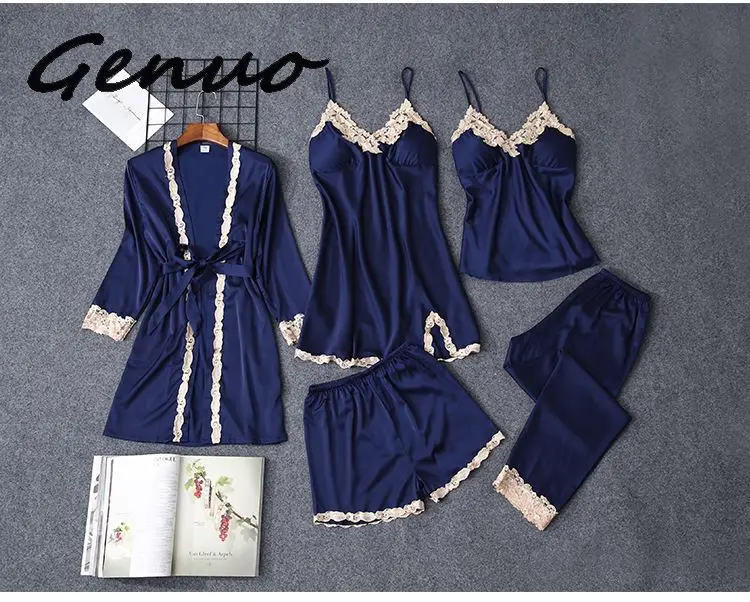 

Genuo New 5 Pieces Sets Women Pajama Set Sexy Lace Satin Sleepwear Women Pajamas for Women Pijama Pyjama Casual Sleep Lounge