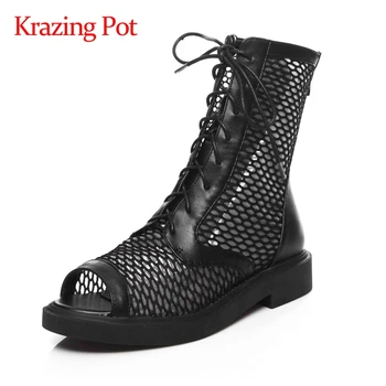 

Krazing Pot big size mixed cloth air mesh breathable sun protection peep toe med heel Zipper beauty lady mature summer boots L03