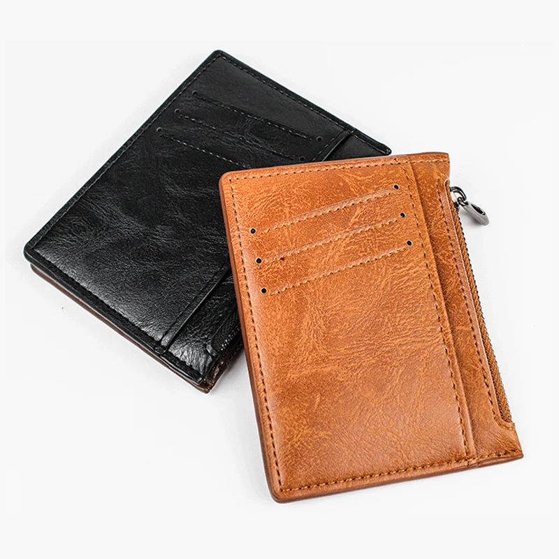 Ultra Thin Zipper Wallet Men's Small Wallet Business PU Leather Wallets Band Solid Color Card Coin Purse Credit Bank Holder