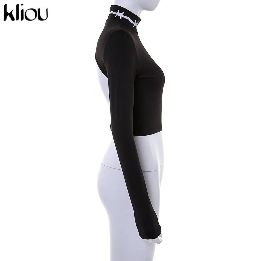 Kliou women black turtleneck reflective print t-shirt sexy backless hollow out crop top new female long sleeve top tshirt
