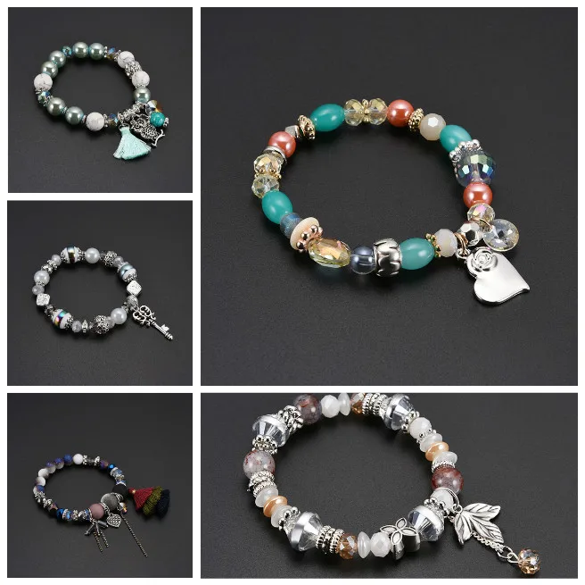 Модный Богемский Браслет с имитацией бисера, очаровательный цветной браслет с кристаллами и подвеской с кисточкой, женские эластичные браслеты, ювелирные изделия