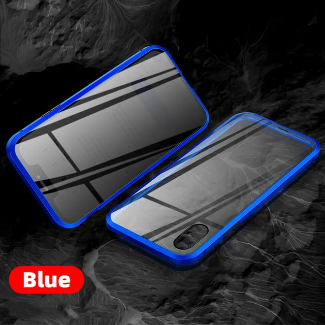 Конфиденциальный металлический магнитный адсорбционный чехол из закаленного стекла для телефона для iPhone XR XS MAX 8 7 Plus 360 магнитный антишпионский защитный чехол - Цвет: Blue