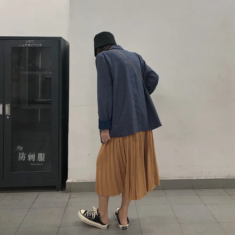 Autumn Vintage Blue Check Sense of Design Small Suit Slit Loose-Fit Leisure Suit Coat Tops WOMEN'S Dress