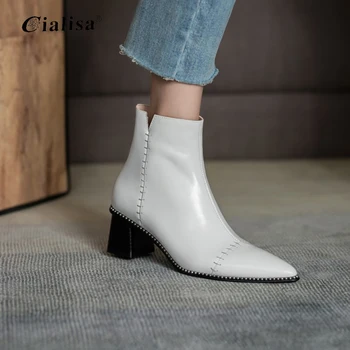 

CIALISA Fashion Women Shoes Genuine Leather Zipper White HIgh Heel Boot Pointed Toe Handmade Special Decoration Ankle Boot