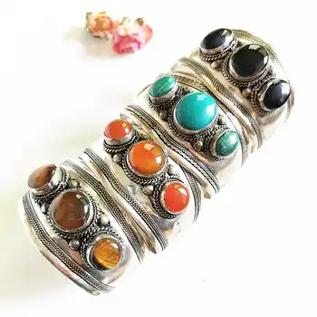

Tibetan Bangles White Metal Copper Inlaid Natural Stone Beads Open Cuff BB-463