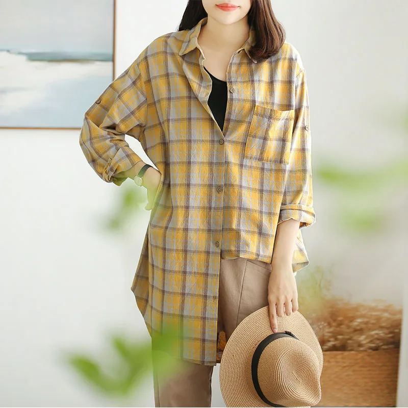 Новинка 2020 Весенняя корейская модная клетчатая рубашка с отложным воротником и
