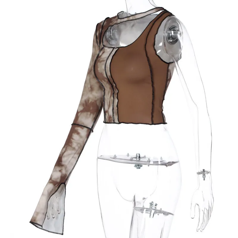 Sexy Single Side Sleeve Reverse Stitch Crop Top For Women's Long Sleeve Round Neck Short Cut T-shirt 2020 Lady Party Wear