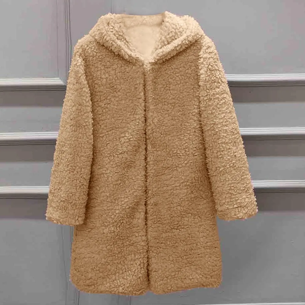 Пальто из искусственного меха, женская теплая верхняя одежда, плюшевая свободная Меховая куртка с отложным воротником, зимнее пальто, Свободный кардиган, Тренч, однотонная женская куртка
