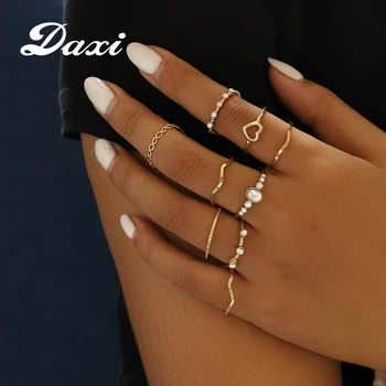 

DAXI Bohemian Vintage Gold Crescent Geometric Joint Ring Set for Women Crystal Personality Design Ring Set Party Jewelry Gifts