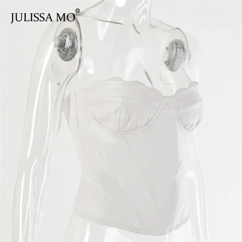 JULISSA MO White PU Leather Summer Tube Tank Top Women Strapless Backless Sexy Tanks Tops Fur Fashion Off Shoulder Bustier Tee