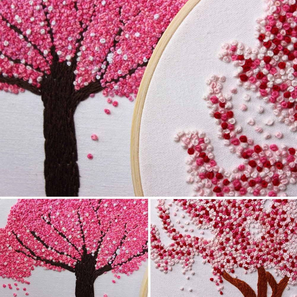 Cherry Tree Home Decor Handwork DIY Craft Ribbon Art Embroidery Kit Needlework Gift Hoop Plants Painting Cross Stitch