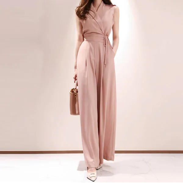 

WOMEN'S Jumpsuit 2019 Summer New Style Korean-style Elegant V-neck Sleeveless Waist Hugging Lace-up Slimming Loose Pants Trouser