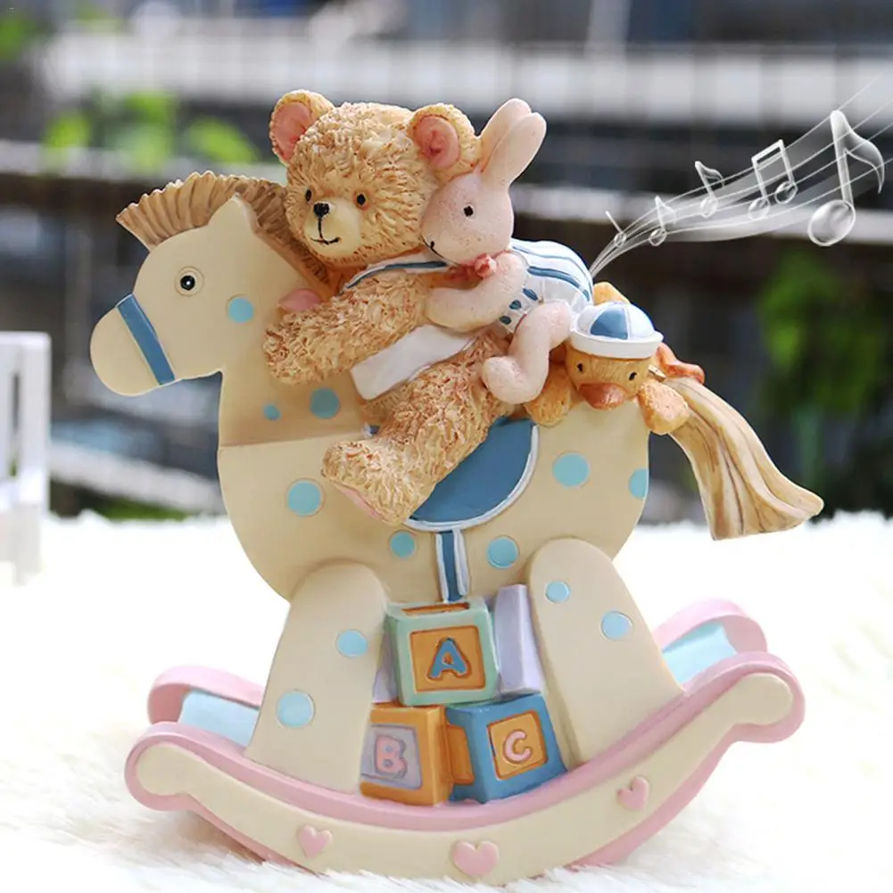 Bear Rocking Horse Music Box Rabbit Trojan Child Birthday Christmas Gift Resin Rotating Music Box Home Decorative Craft 20E
