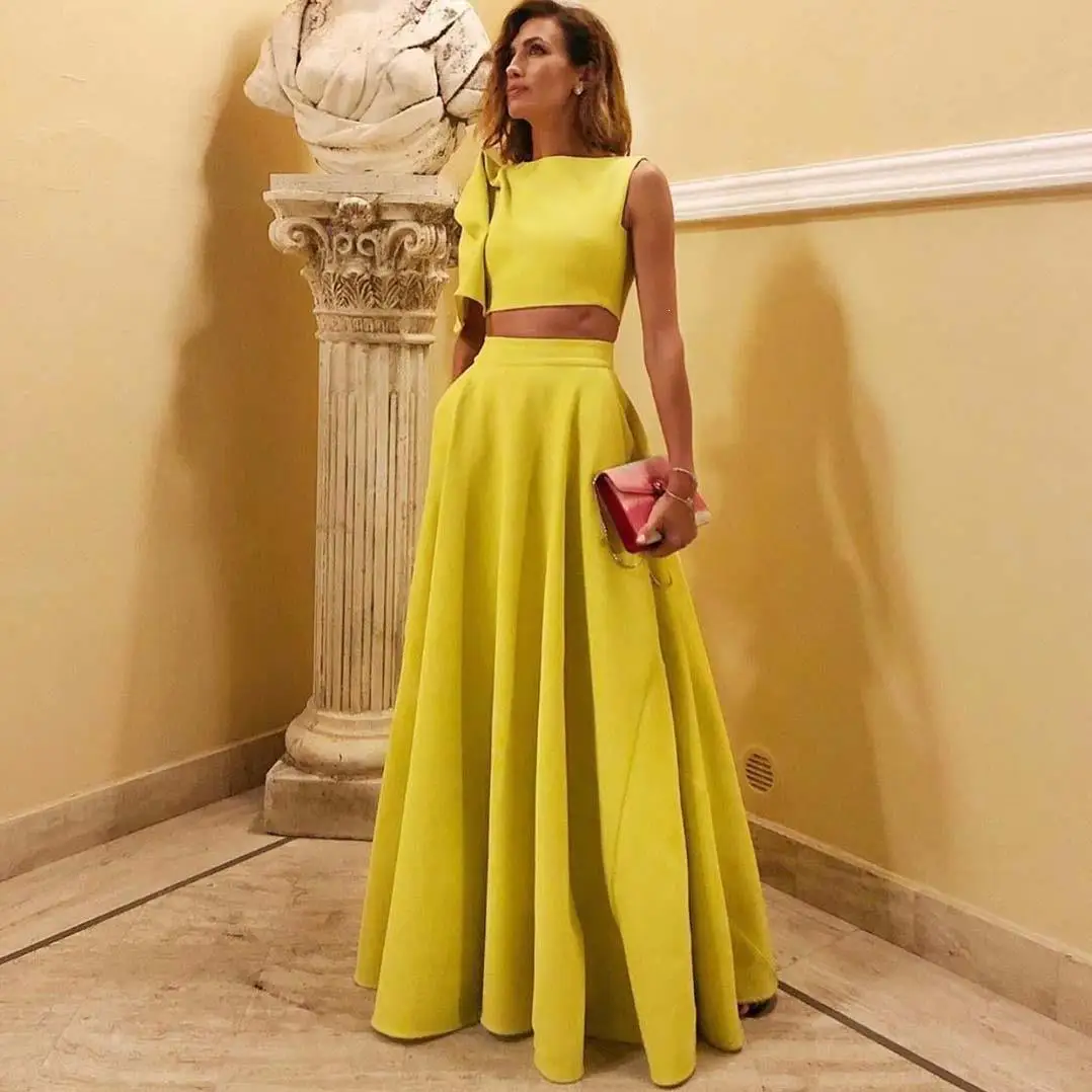 

Sexy Yellow Women Crop Top And Skirt Set Elegant Women Skirt Top Matching Set Short Solid Sleeveless Two Piece Women Set