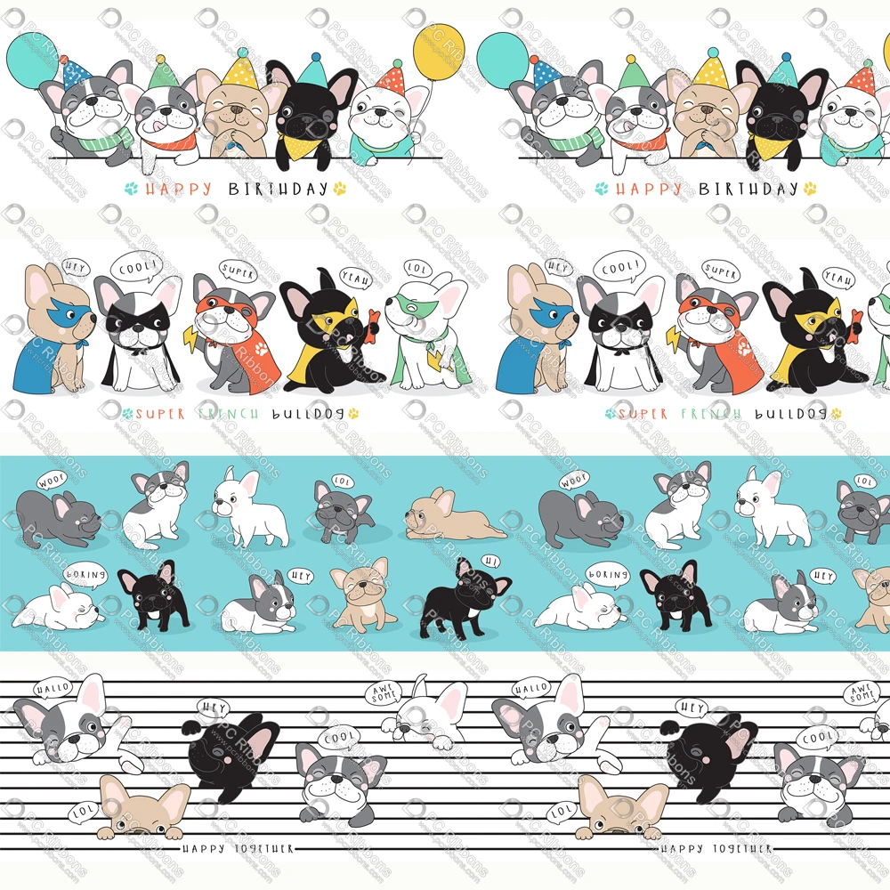 

Cute Bulldog 1-1/2" Printed Lanyard/Grosgrain/Satin Cartoon Design Customized Ribbon for Bow DIY Hair Craft Supplies Sewing