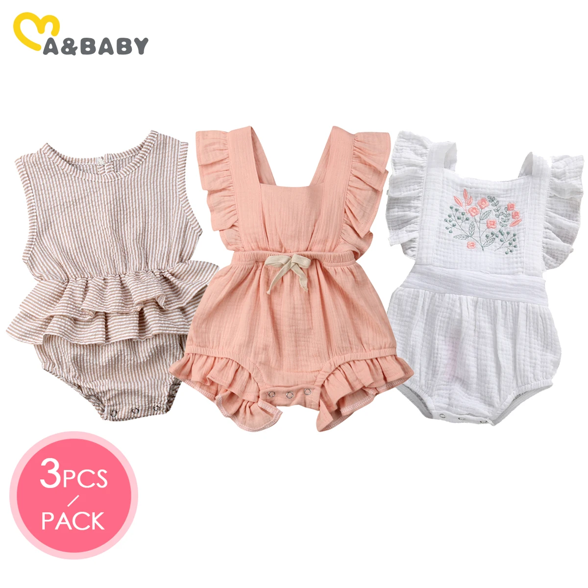 Ma&Baby 3pcs/pack Soft Newborn Infant Baby Girl Rompers Ruffles Jumpsuit Sleeveless Clothes 3