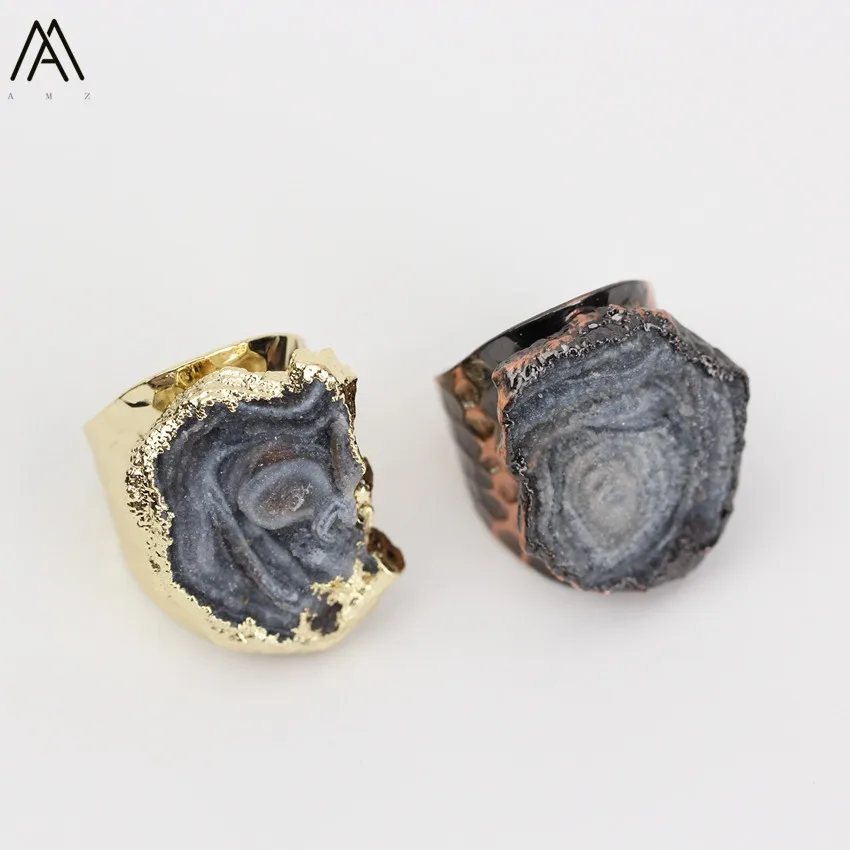 

5PCS Facted Freeform Natural Agates Stone Finger Ring,Gold Copper Wire Winding Opening Rings Men Statement Fine Ring Gift FZ-38