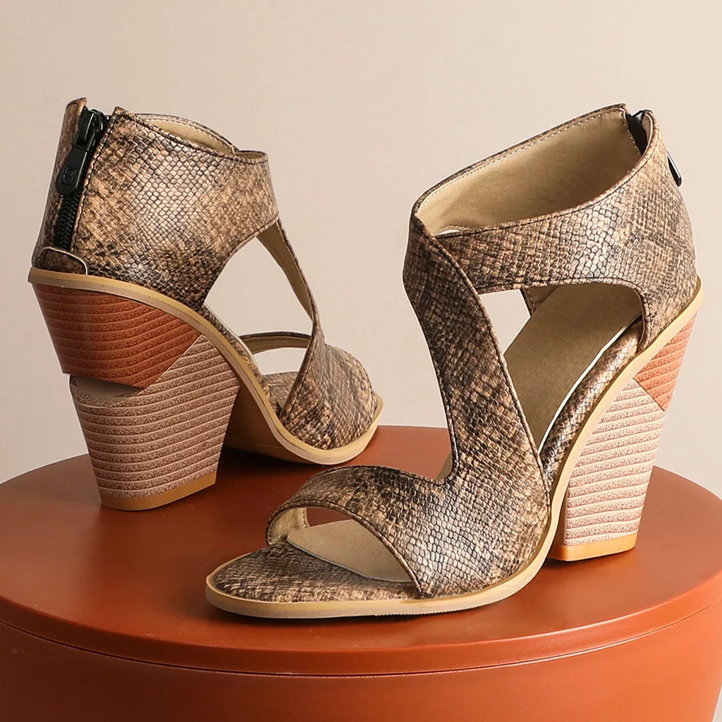

Womens Snake Print Sandals Fashion Open Toe Wedges Shoes Woman Thick Bottom Zipper Roman Summer Sandals For Ladies Bolsos Mujer