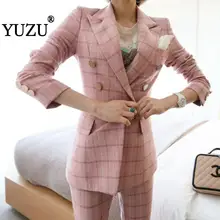 Костюм женский элегантный розовый клетчатый Блейзер комплект из 2 предметов с длинным рукавом двубортный клетчатый пиджак брючный костюм формальный офисный пиджак