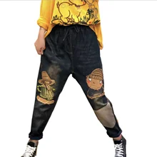 Новинка, зимние женские джинсовые штаны, джинсы с внутренней подкладкой из флиса, женские джинсы с эластичной резинкой на талии, Джинсы бойфренда с героями мультфильмов, весна-осень, уличная одежда, Капри