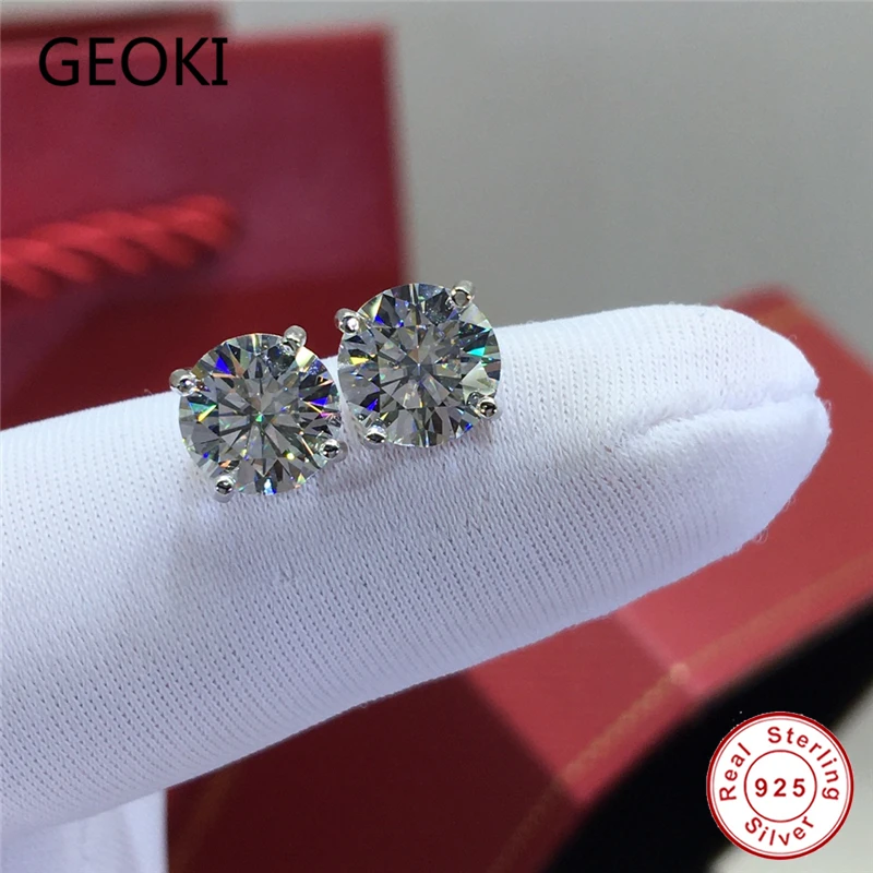 Geoki Luxury Pass Diamond Test Total 2 Ct Round Perfect Cut D Color VVS1 Moissanite Stud Earrings 925 Sterling Silver Jewelry | Украшения и