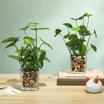 

1pc Artificial Plants with Glass Bonsai Simulation Clover Green Leaf Plant Home Table Office Desk Decoration Ornaments