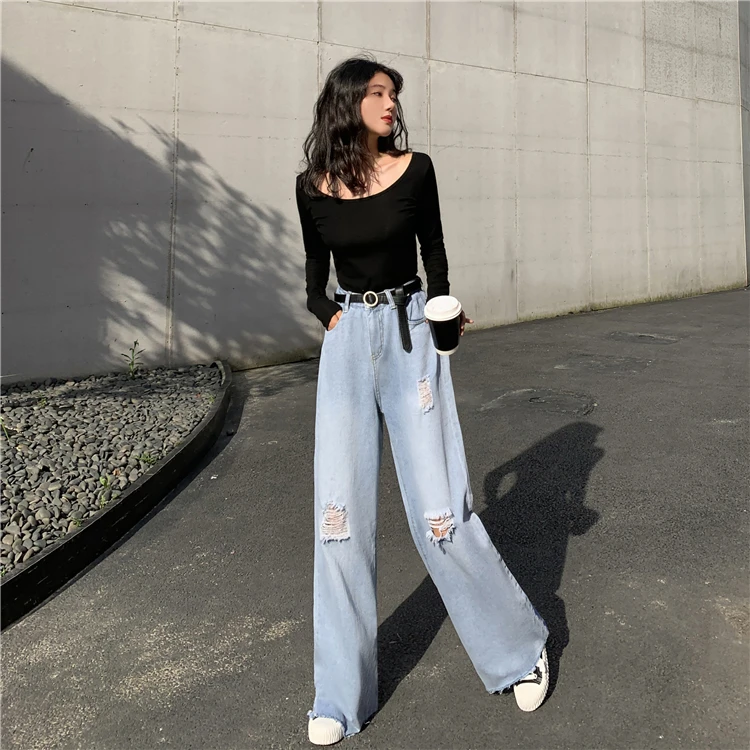 Осенние Широкие рваные джинсы для женщин с высокой талией, свободные прямые длинные джинсовые брюки, уличная Корейская женская одежда