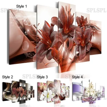 

2019 HD 5PCS/Set Red Purple White Lily Flower Art Print Frameless Canvas Painting Wall Picture Home Decoration,No Frame