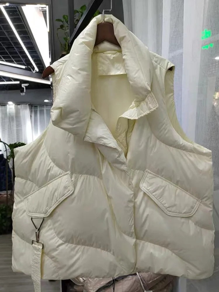 

FMFSSOM Loose Causal 90% White Duck Down Jacket Women Sleeveless Asymmetric Length Beige Spring Autumn Windpoof Basic Outwear