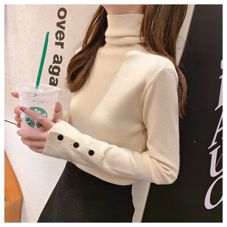 

Womens Turtleneck Pullover Sweater Long Sleeve Button Pullovers Solid Women's Khaki White Fashion Loose Clothing Turtle Neck