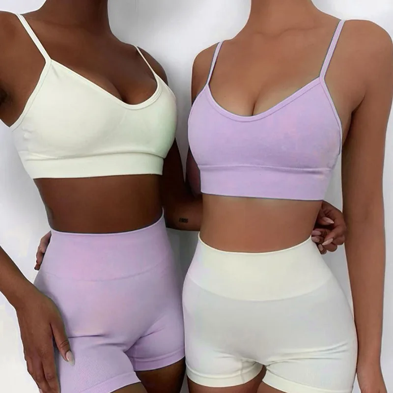 Summer Sport Set Women 2PCS Two Piece Purple Crop top Sport Bra Shorts Yoga Sportsuit Workout Outfit Seamless Polyester Gym Set