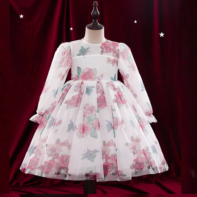 Spring Girls Princess Dress Long Sleeve Children Clothing Floral Sweet Family Party Wear Tulle Baby Girls Dress Vestidos 3-14Y