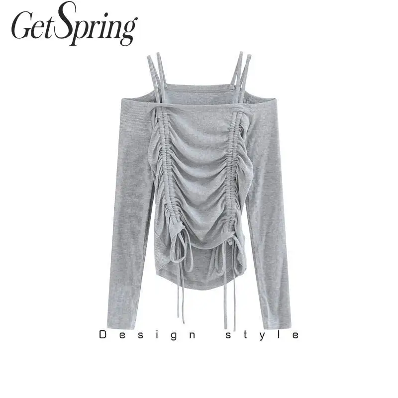 

GetSpring Women T Shirt Slash Neck Off The Shoulder Women Tshirt Drawstring Long Sleeve Tshirt Women Bottom Tshirts Autumn 2019