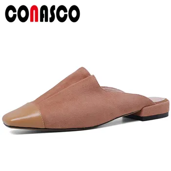 

CONASCO Summer Concise Casual Kid Suede Women Sandals Slippers Pumps Mules Pleated Square Toe Flat With Low Heels Shoes Woman