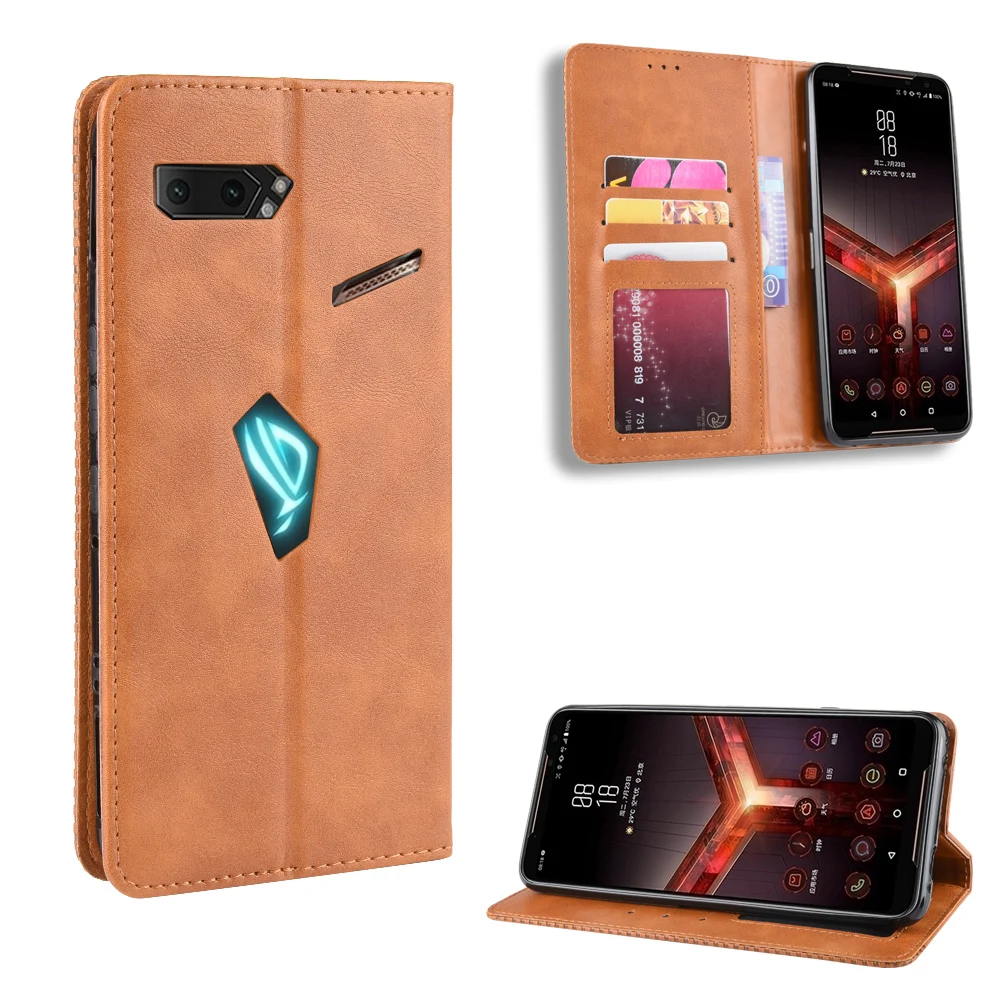 Роскошный тонкий кожаный чехол книжка в стиле ретро на магните для ASUS ROG Phone 2 ZS660KL
