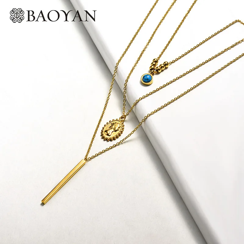 Baoyan модное многослойное ожерелье минималистичное ожерелье ручной работы из натурального камня с бусинами Золотое большое круглое колье с ангелом для женщин - Окраска металла: SSNEG142-16305