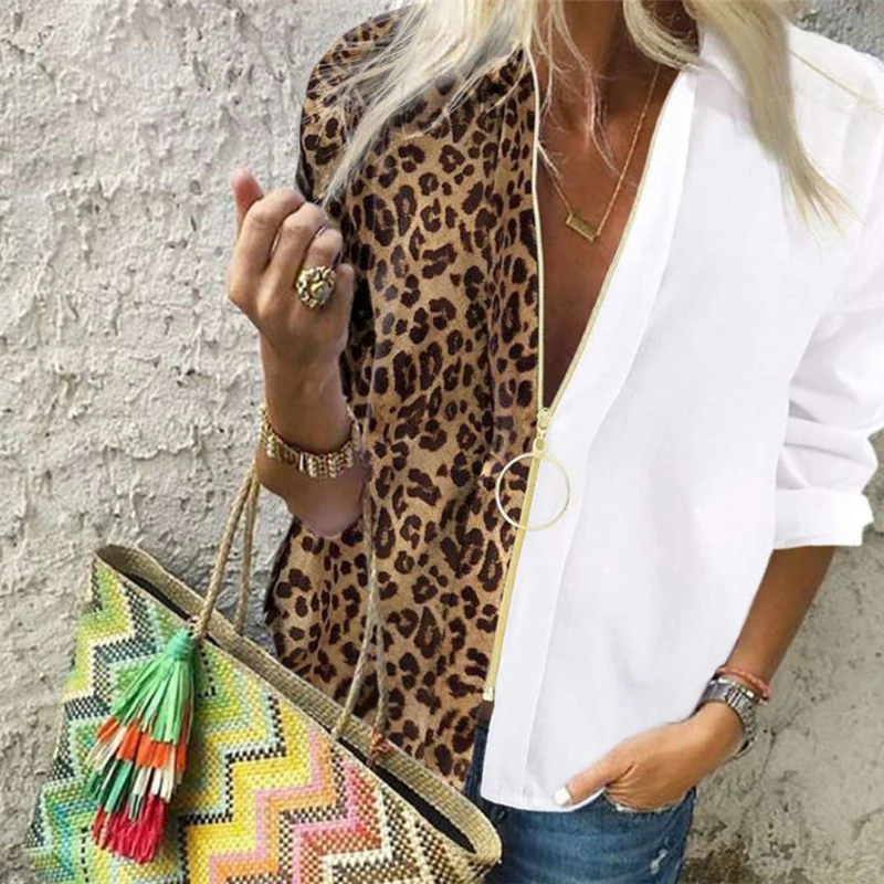 

New Fall Leopard White Spliced Blouse Women Shirts Spring Autumn Long Sleeve Zip Up V-Neck Tops Casual Female Plus Size Blusas