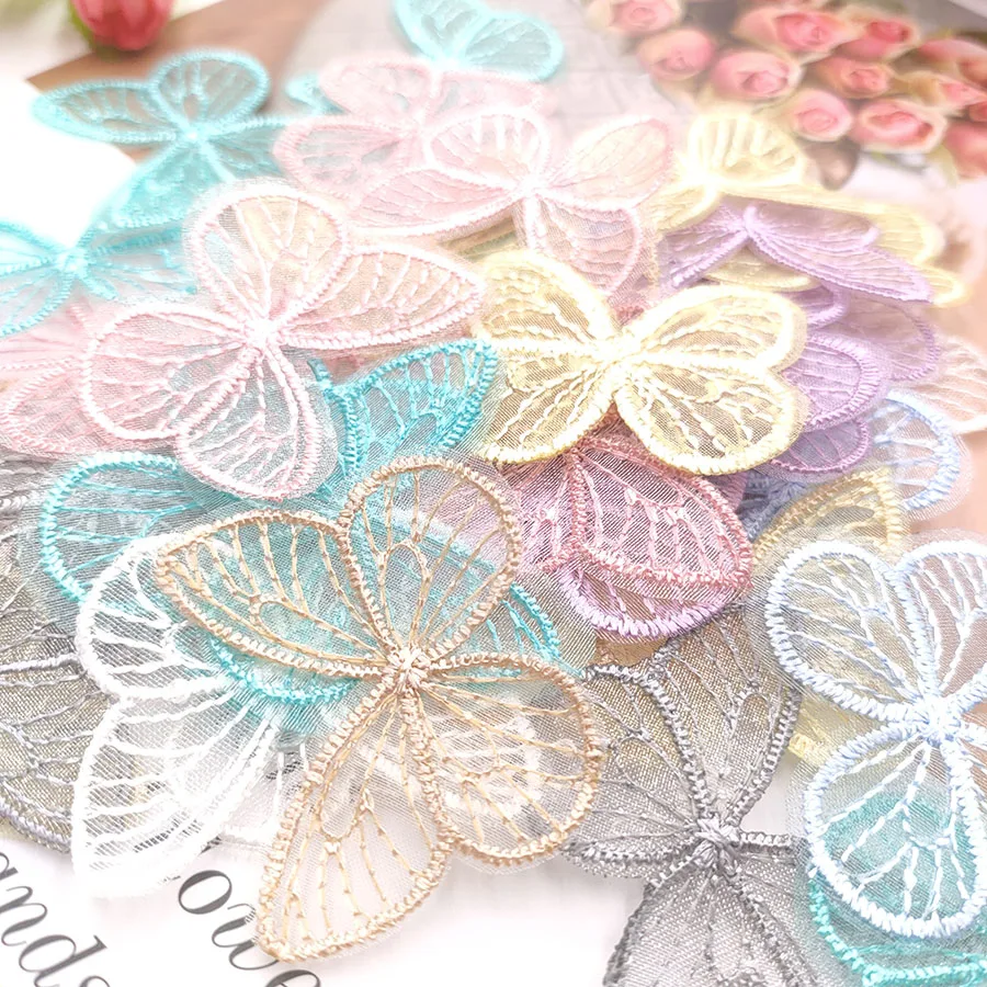 48pcs/lot 4.5*3.5cm Embroidered mesh butterfly cloth patches Appliques for Clothes Sewing Supplies DIY Hair Clip Accessories Garment Labels