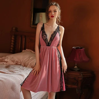 

New Gold Velvet Female Summer Thin Lace Deep V Strap Sleep Dress Nightdress Hollow Backless Nightgown Suit Nightwear One Size
