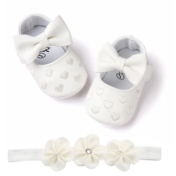 

Newborn Baby Girls Bowknot Soft Bottom Shoes Sneaker Hair Band Set Infant First Walkers Anti-skid Prewalker Shoes Sports Shoes