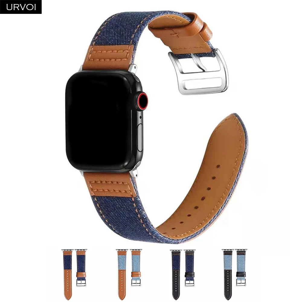 URVOI джинсовая лента для Apple Watch 5 4 3 2 1 кожа с джинсовым ремешком для iwatch полотно холста 40 мм 44 мм Прочный с адаптером