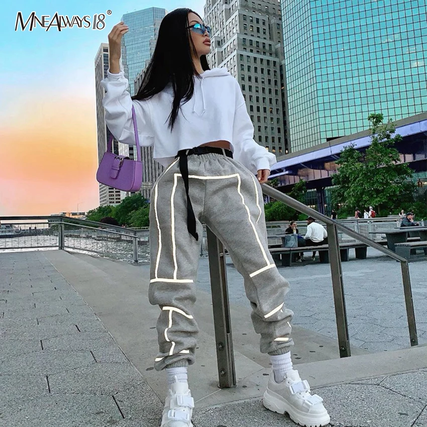 Mnealways18 Светоотражающие полосатые штаны для женщин уличная одежда с поясом трикотажные женские повседневные джоггеры спортивные штаны свободные брюки карандаш зимние