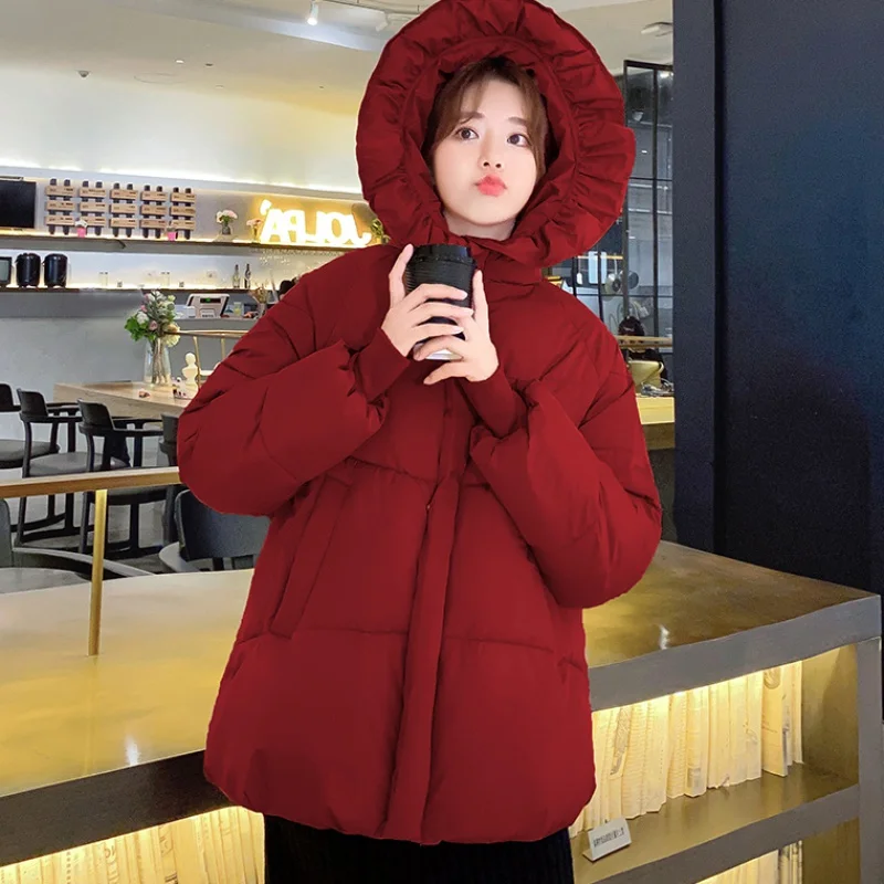 

LINGWAVE Short Cotton Padded Women Jacket 2020 Winter New Fashion Warm Hooded Ruffles Bread Clothing Loose Cute Student Outerwea